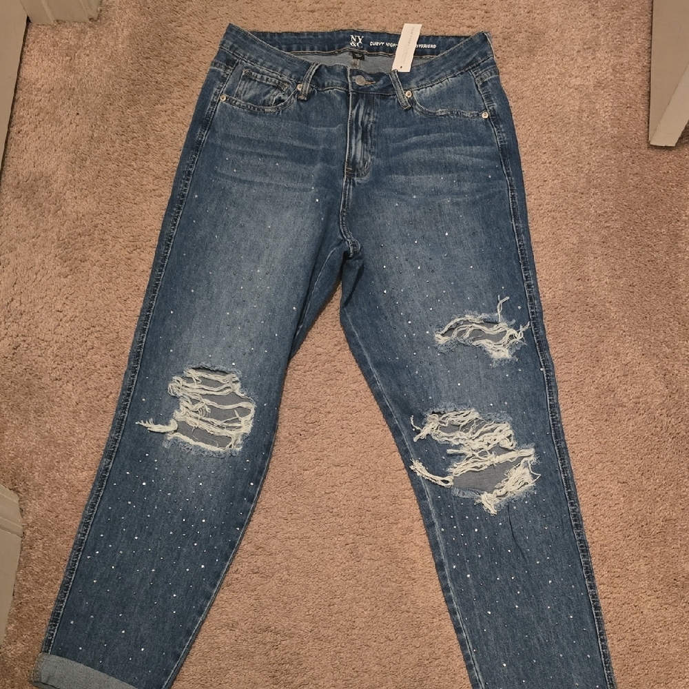 New York & Company Denim Boyfriend Jeans with Distressed Details